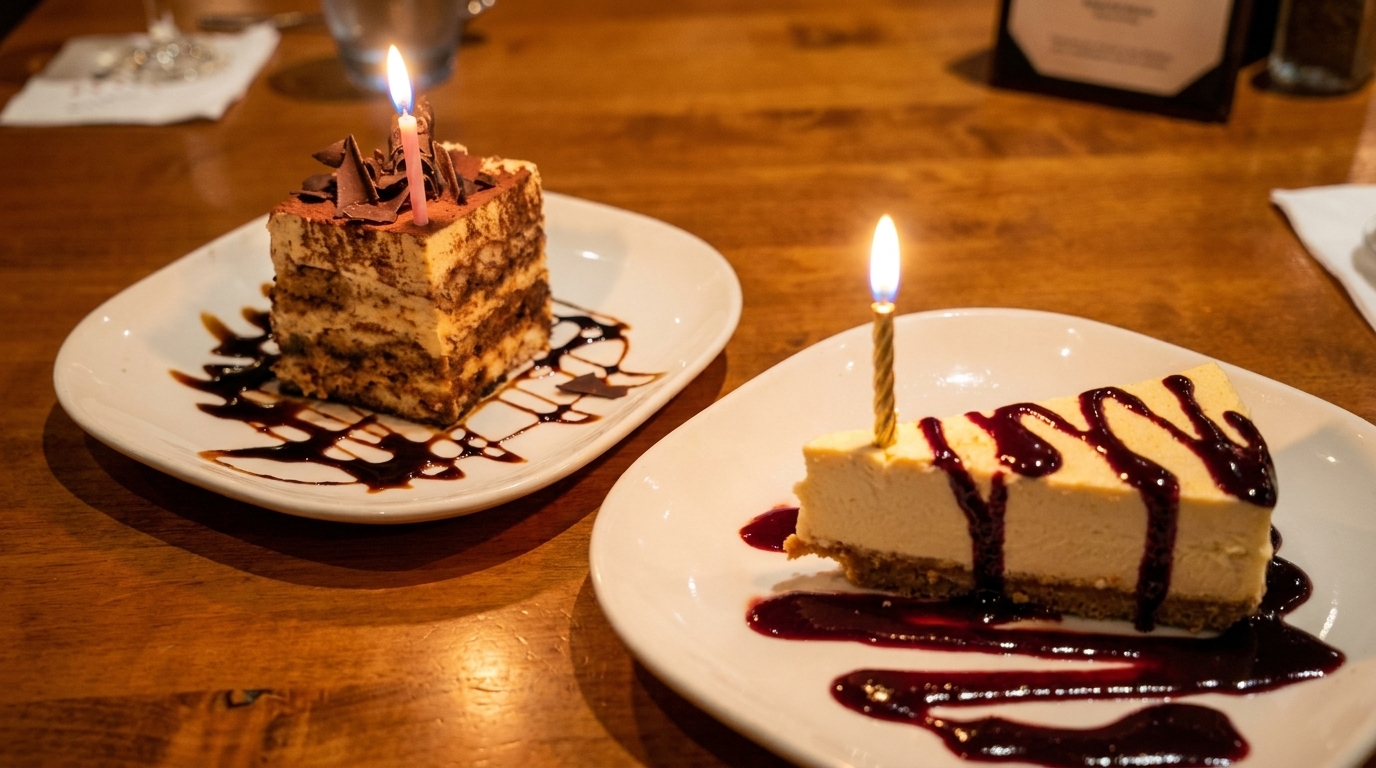 Two dessert plates, one with tiramisu and a pink candle, the other with cheesecake and a gold candle.