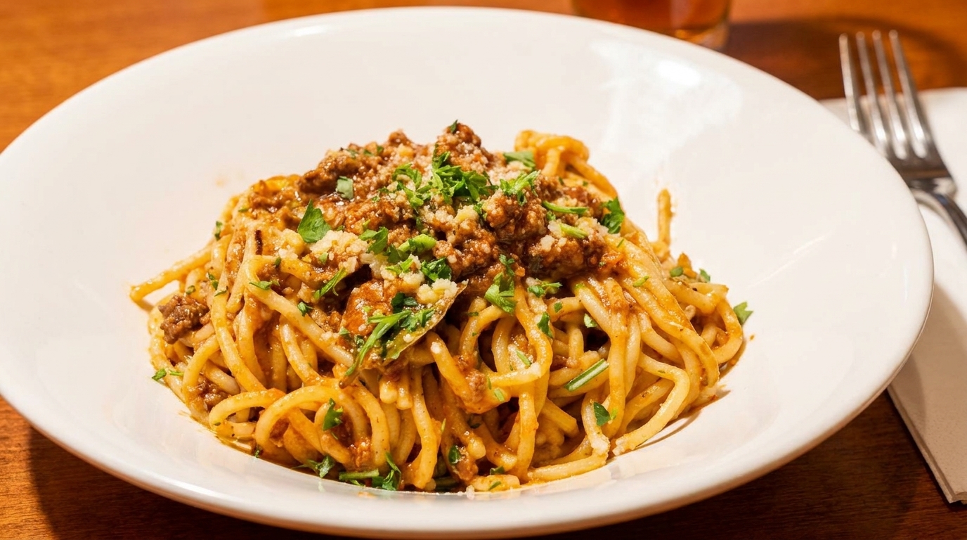 Spaghetti bolognese with meat sauce, parmesan cheese, and fresh parsley in a white bowl.