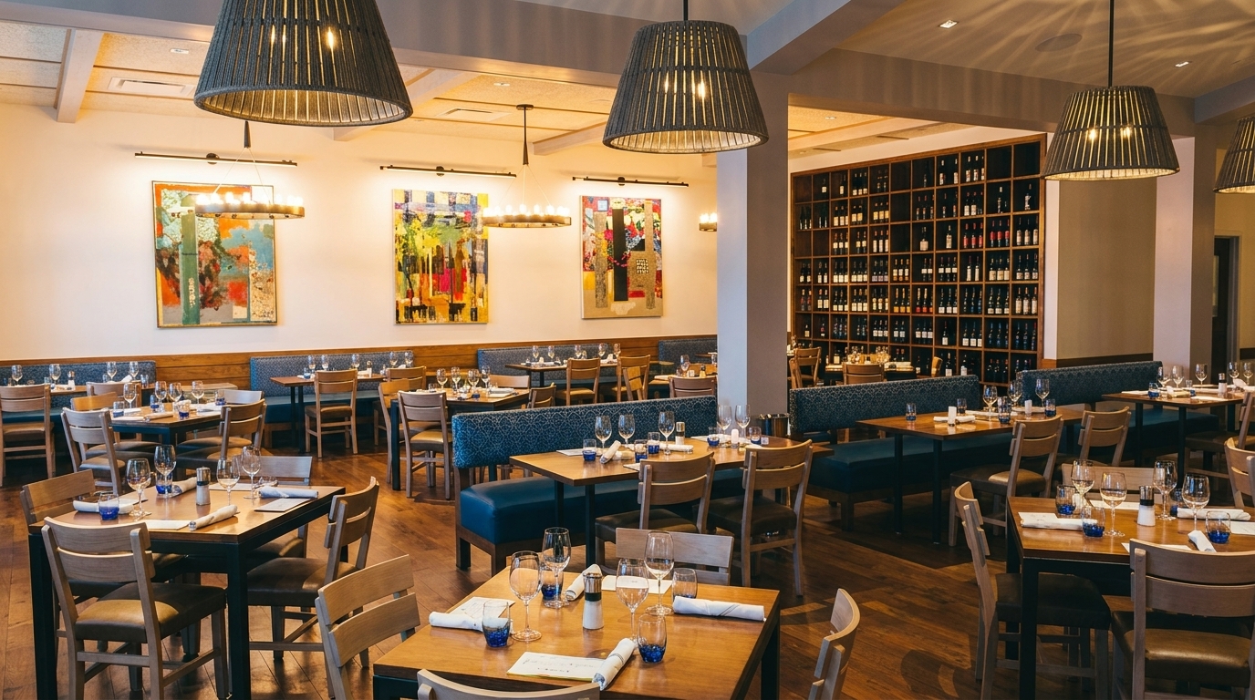 A modern restaurant dining room with wooden tables, blue banquettes, abstract art, and a large wine wall.