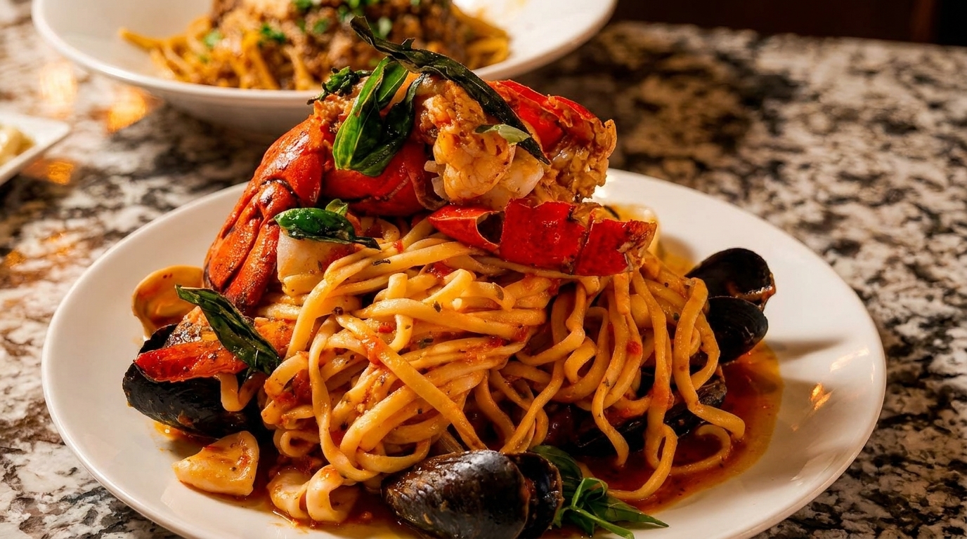 Linguine pasta with lobster, mussels, and calamari in a rich red sauce on a white plate.