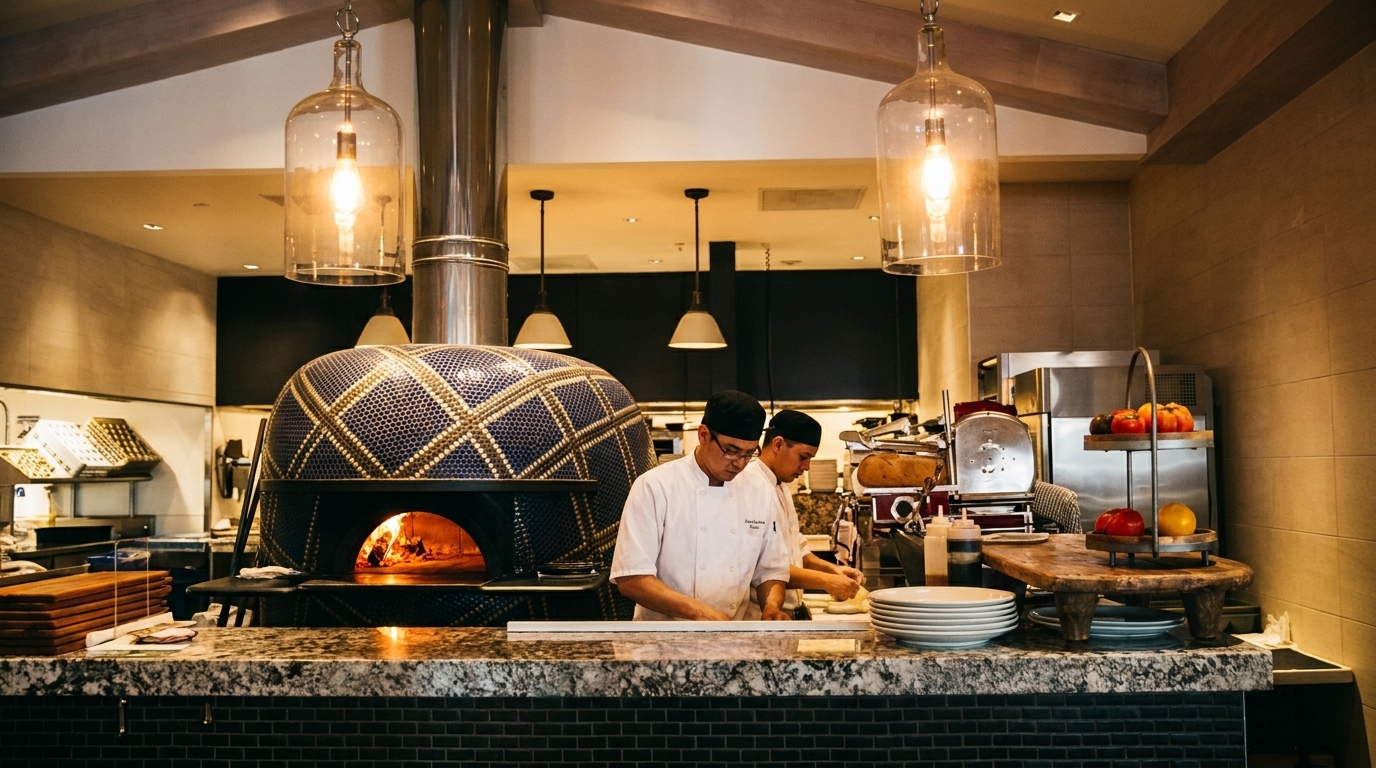 Two chefs preparing food at a counter with a large, ornate pizza oven in the background.