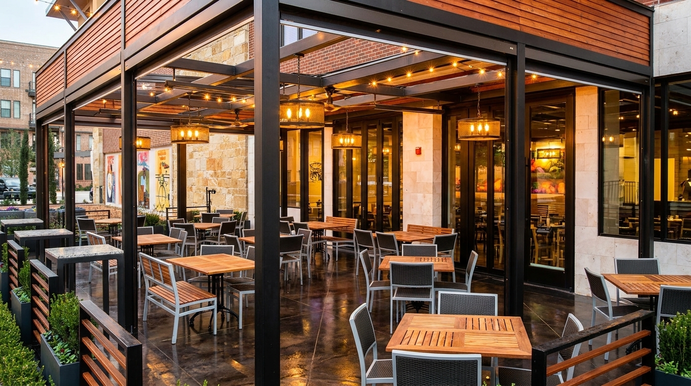 An inviting outdoor patio with wooden tables and chairs, illuminated by string lights and hanging fixtures.