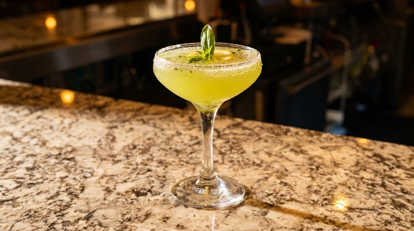 A vibrant green cocktail with a sugared rim, garnished with basil and lemon, sits on a granite bar.