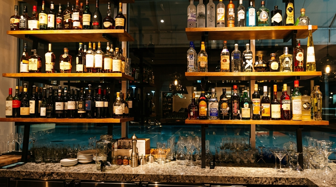A well-stocked bar with shelves of liquor bottles, wine, and glassware on a granite countertop.