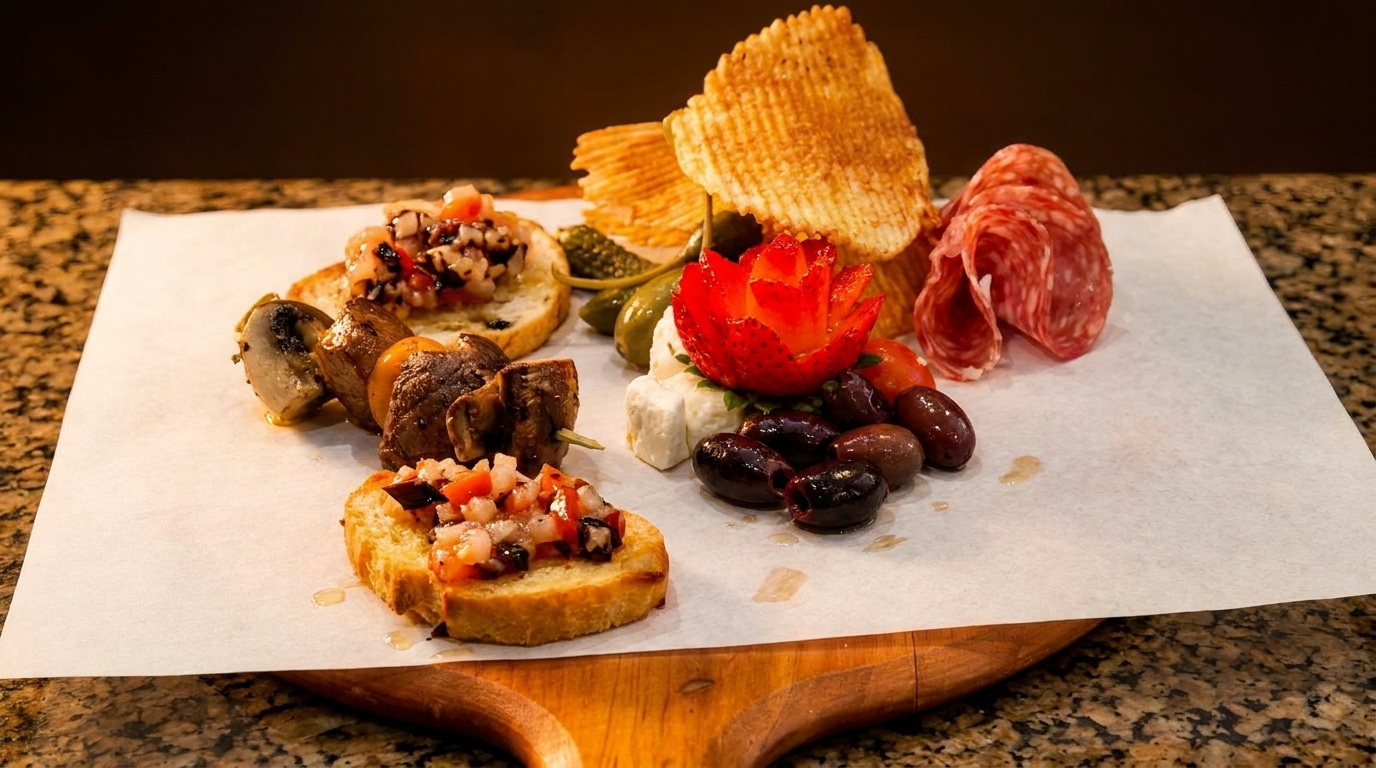 Appetizer platter with bruschetta, mushroom skewers, salami, olives, feta, and waffle chips.