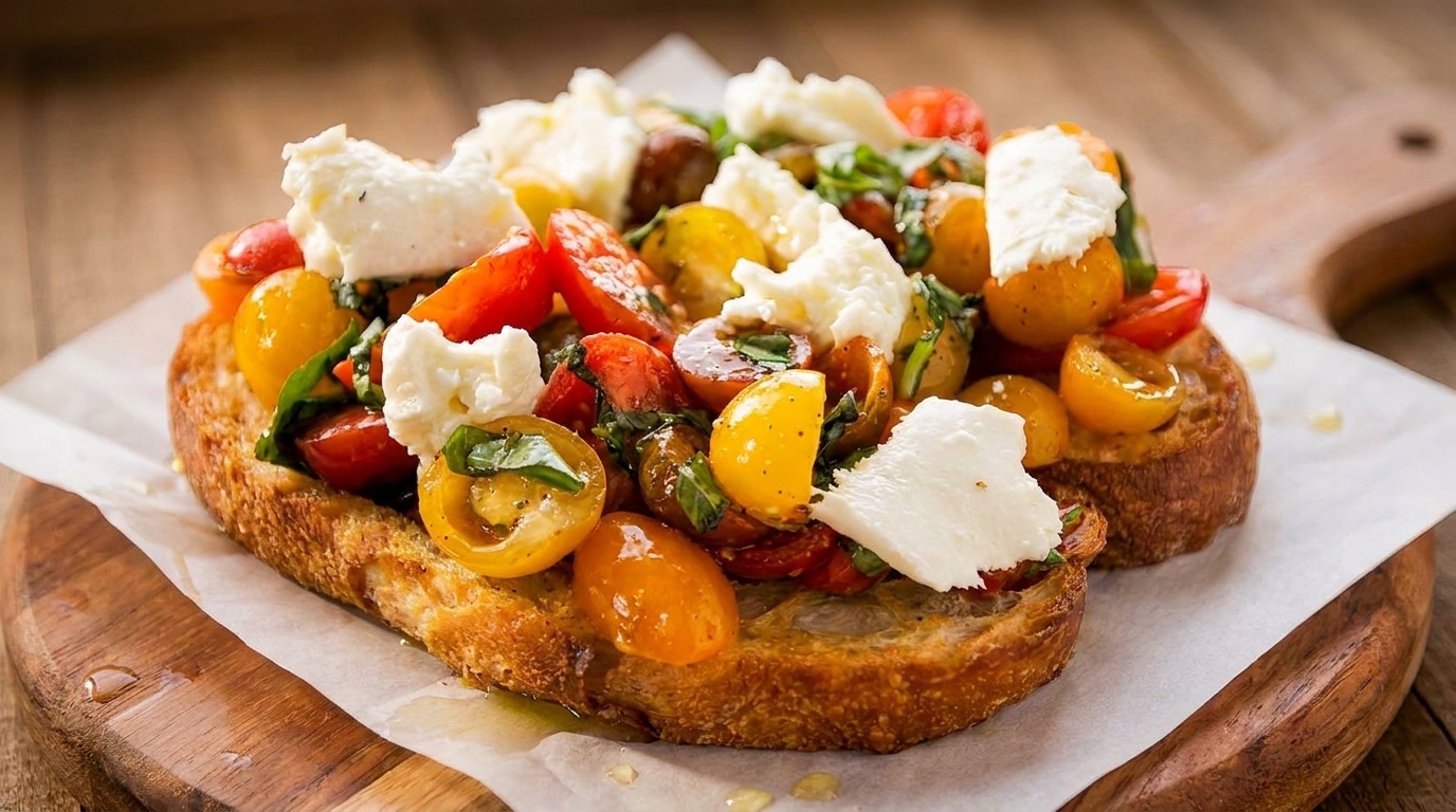 Toasted bread topped with colorful cherry tomatoes, fresh mozzarella, and basil on a wooden board.