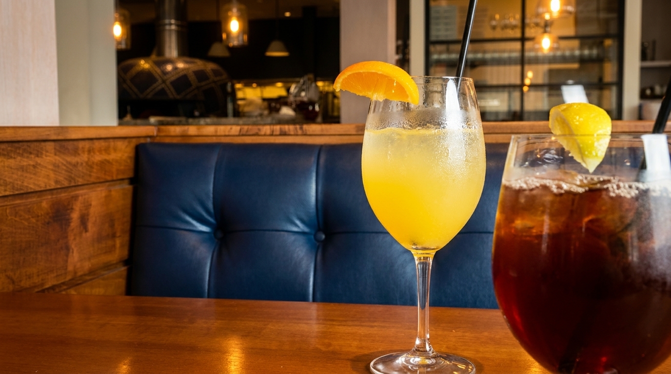 Two drinks, one yellow and one dark, on a wooden table with a blue booth and pizza oven.