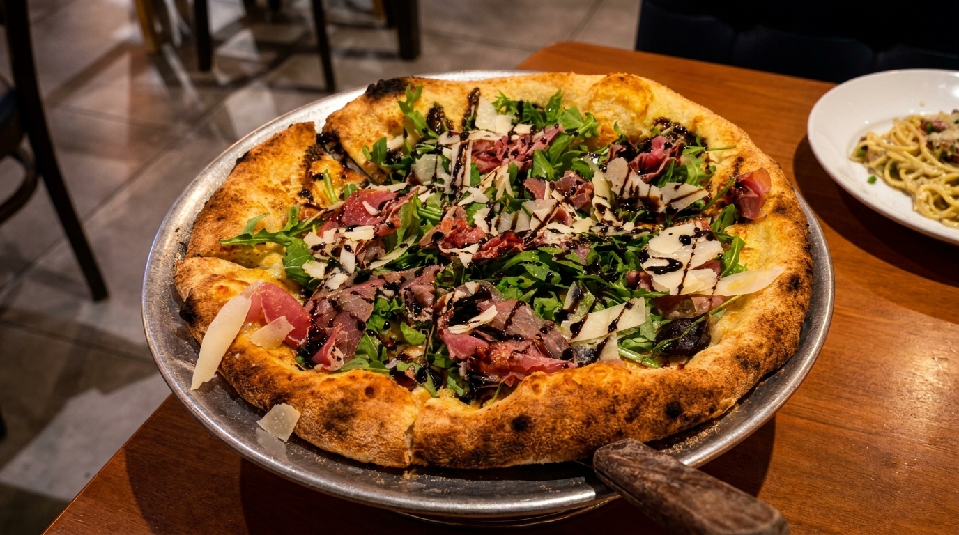 A gourmet pizza with arugula, prosciutto, shaved cheese, and balsamic glaze on a wooden table.