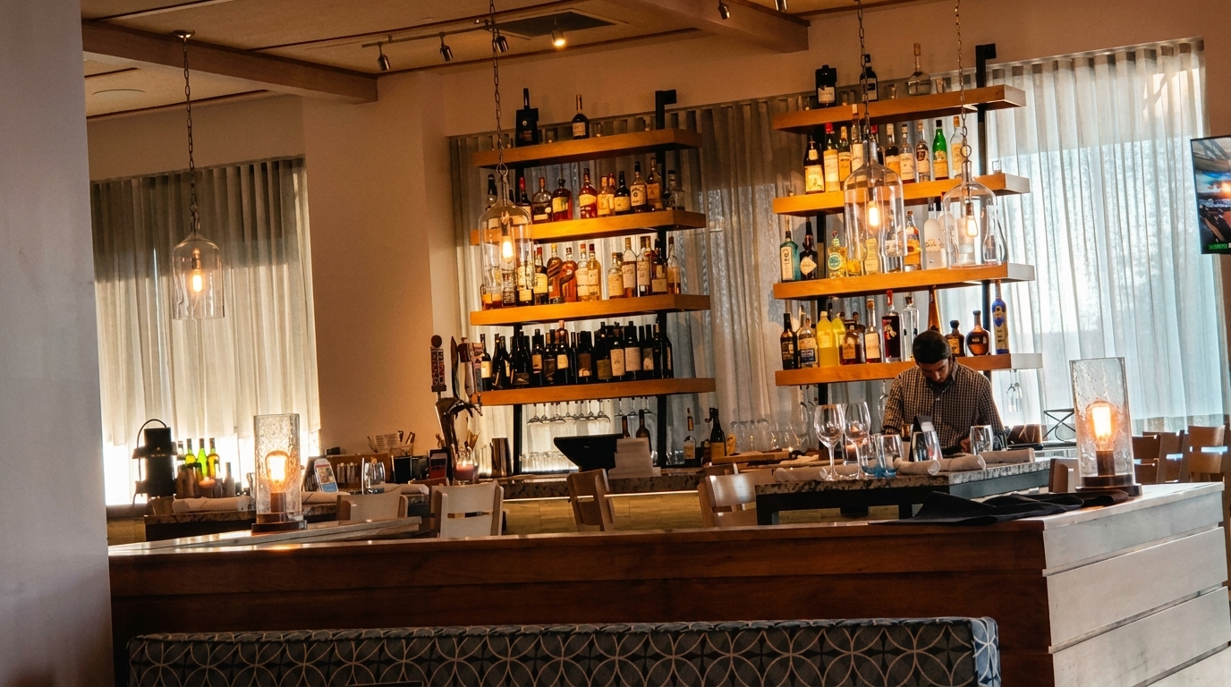 A bartender works behind a well-stocked bar with liquor bottles on wooden shelves and warm lighting.