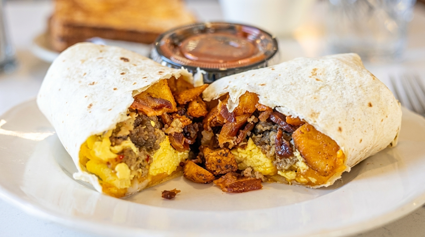 A breakfast burrito, cut in half, revealing eggs, bacon, sausage, and potatoes on a white plate.