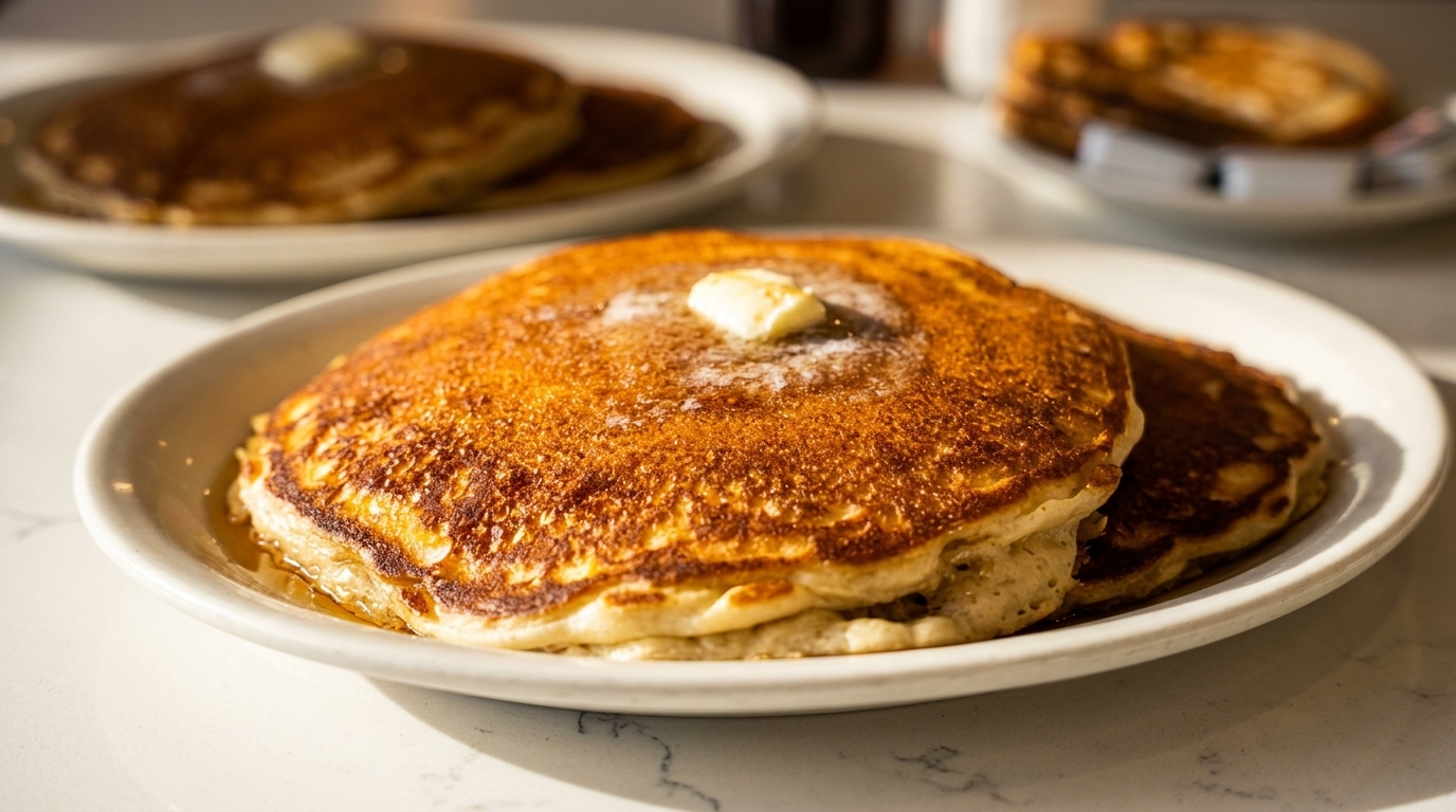 Golden pancakes with melting butter and syrup on a white plate, with more pancakes in the background.
