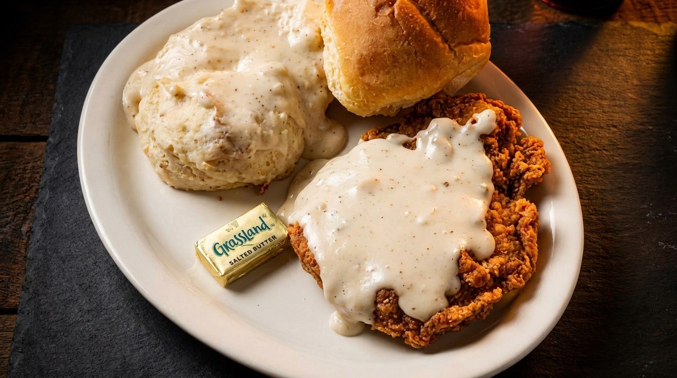 Chicken fried steak with gravy, mashed potatoes, a roll, and butter on a white plate.