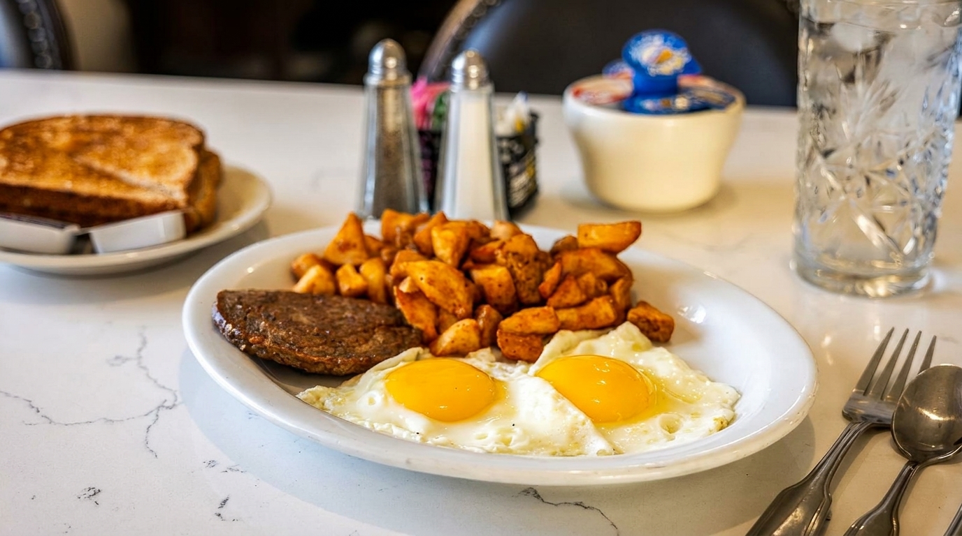 A diner breakfast with two fried eggs, sausage patty, home fries, and toast on a white table.