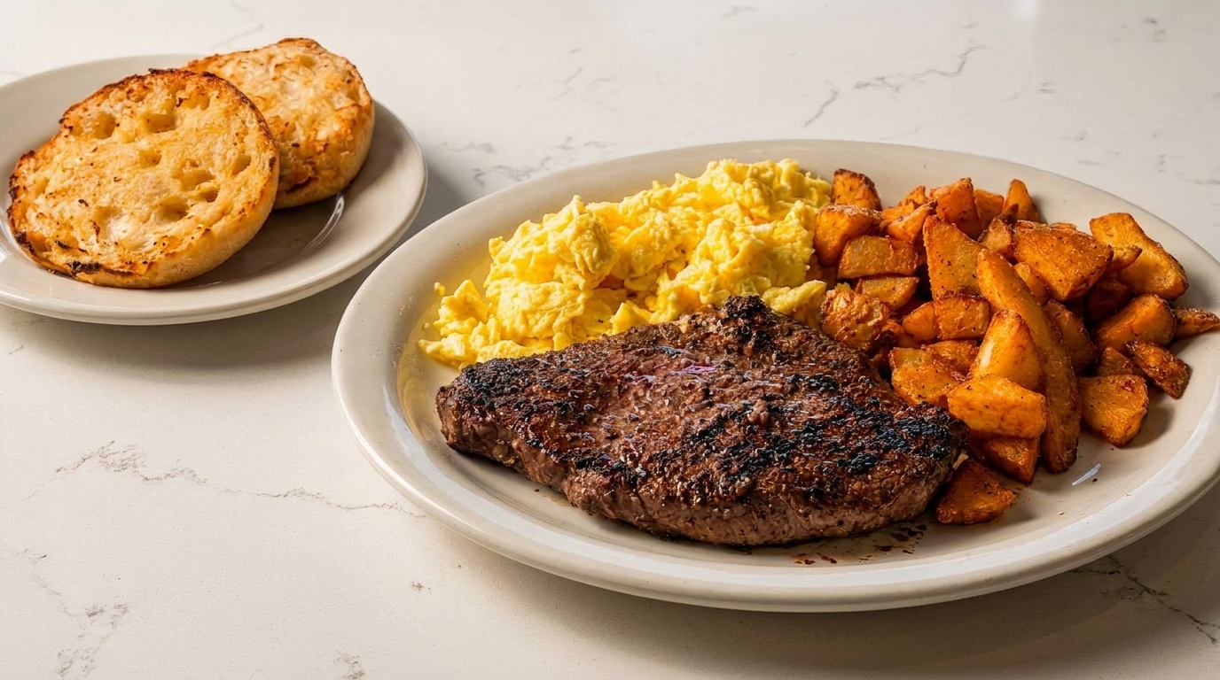 Hearty breakfast plate with grilled steak, scrambled eggs, home fries, and toasted English muffins.