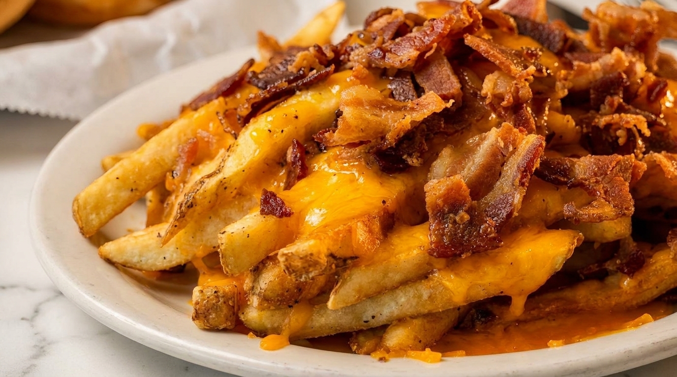 Close-up of golden french fries covered in melted cheddar cheese and crispy bacon bits on a white plate.