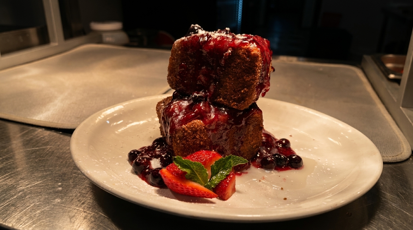 Two stacked pieces of French toast with berry compote, strawberries, and mint on a white plate.