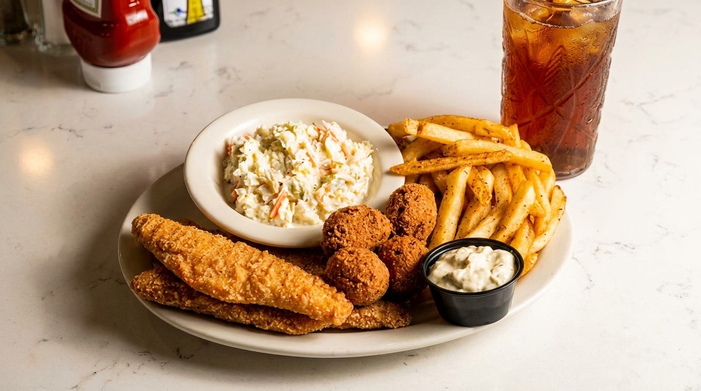 A plate of fried fish, hush puppies, french fries, coleslaw, tartar sauce, and iced tea.