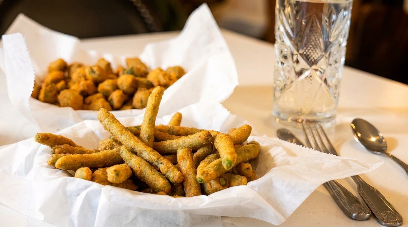 Baskets of fried green beans and okra on a white table with a glass of water and silverware.