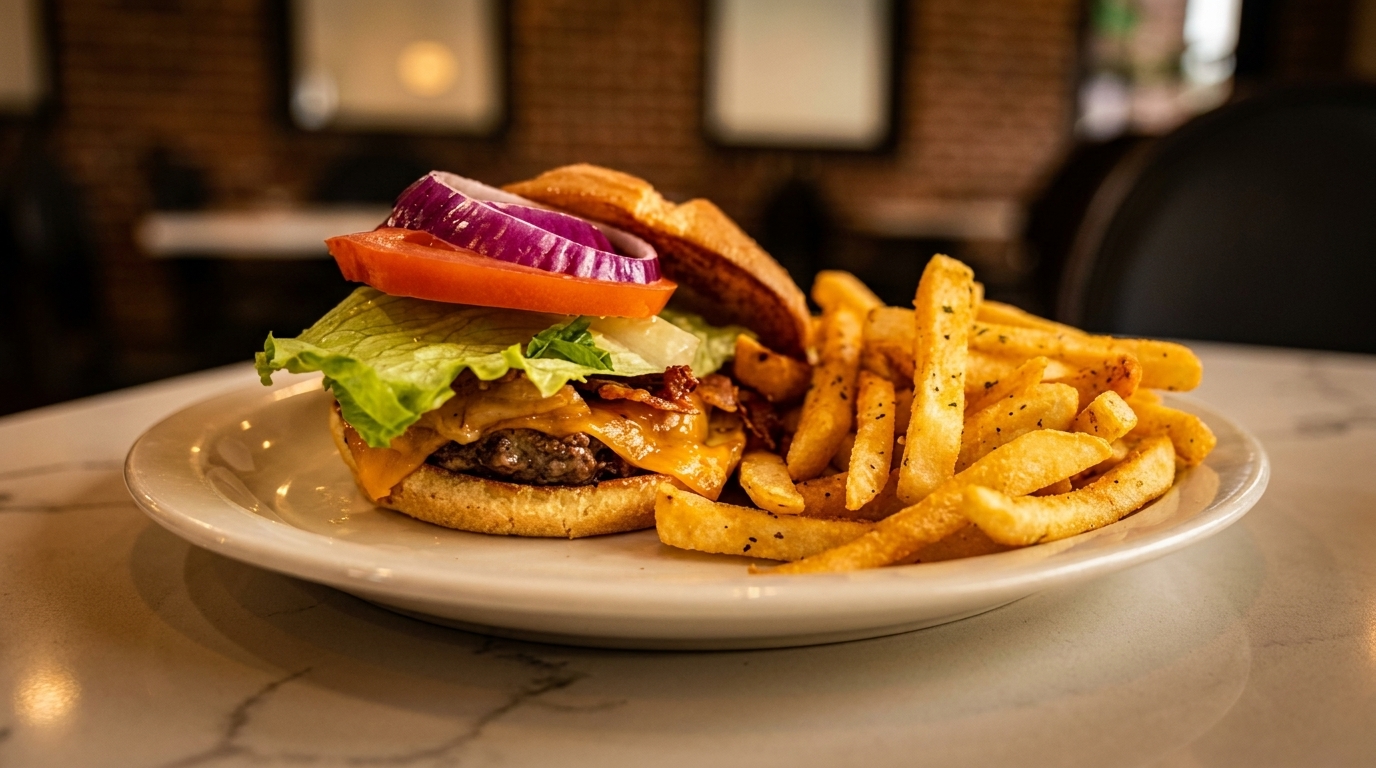 Cheeseburger with lettuce, tomato, onion, and bacon, served with a side of french fries.