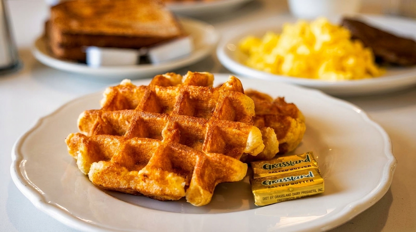 Golden waffle with butter pats, scrambled eggs, sausage, and toast on white plates.