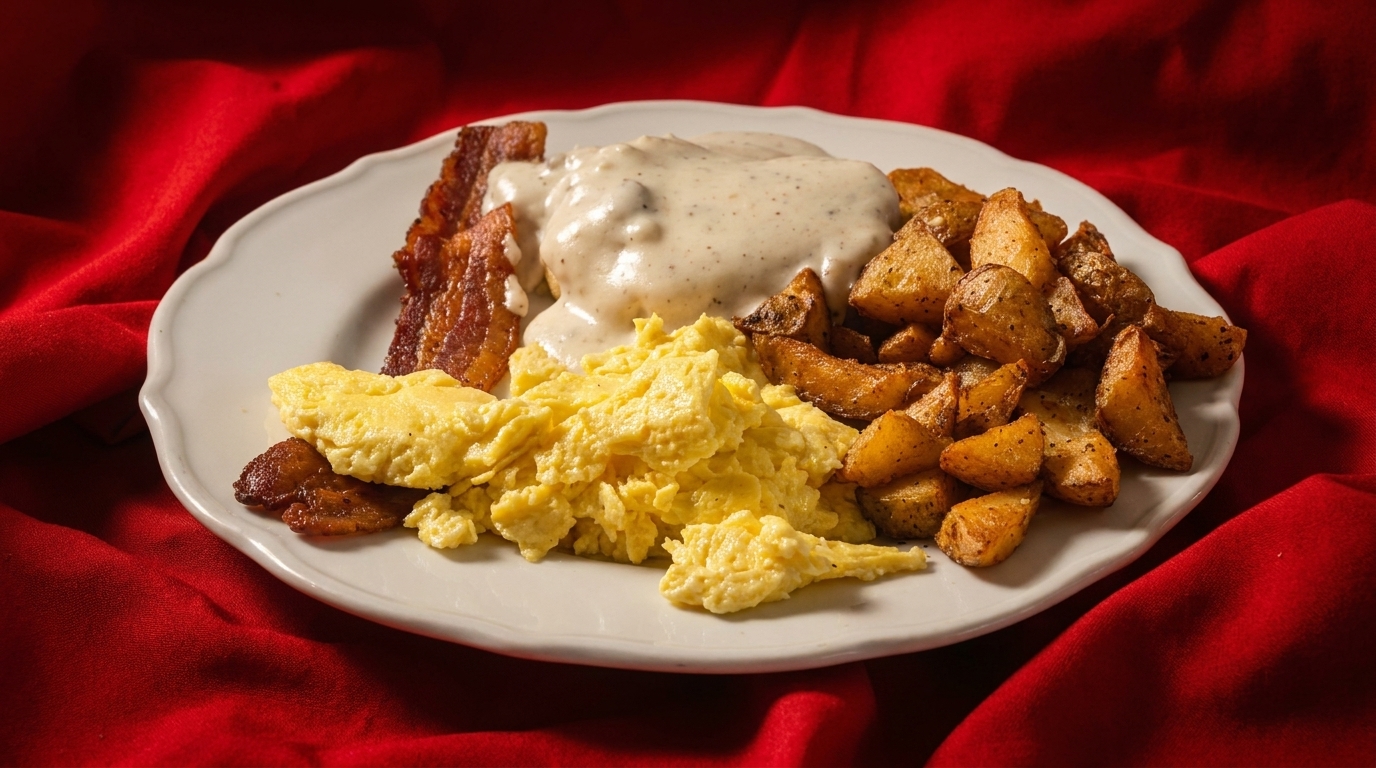 Hearty breakfast plate with scrambled eggs, bacon, biscuits and gravy, and seasoned home fries.