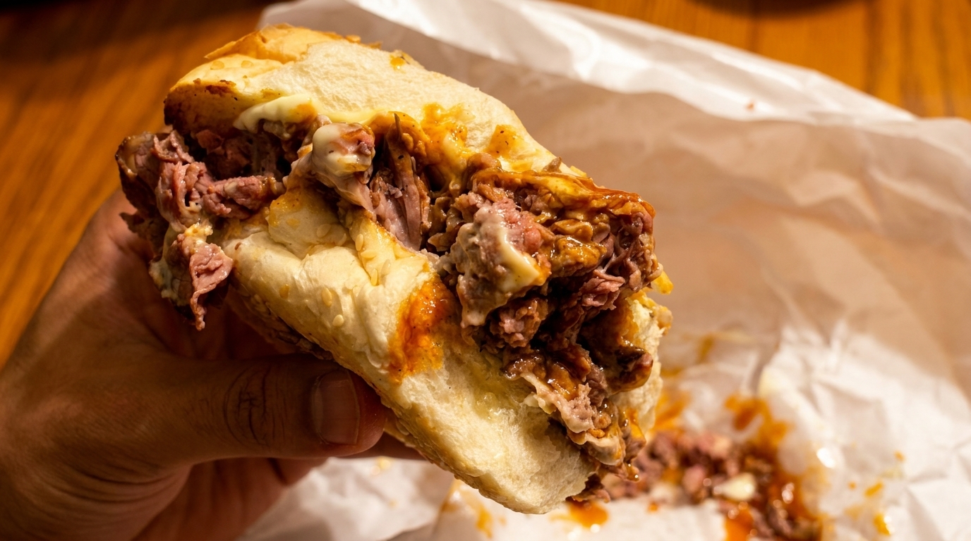 A hand holds a hearty roast beef sandwich with melted cheese and sauce, wrapped in paper.