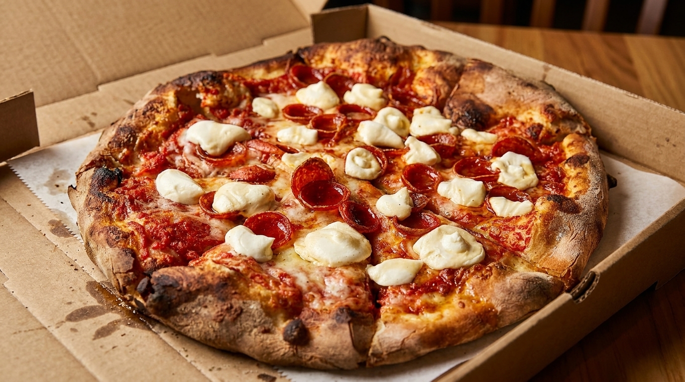 Pepperoni and ricotta pizza in a cardboard box, with a golden-brown crust and rich red sauce.