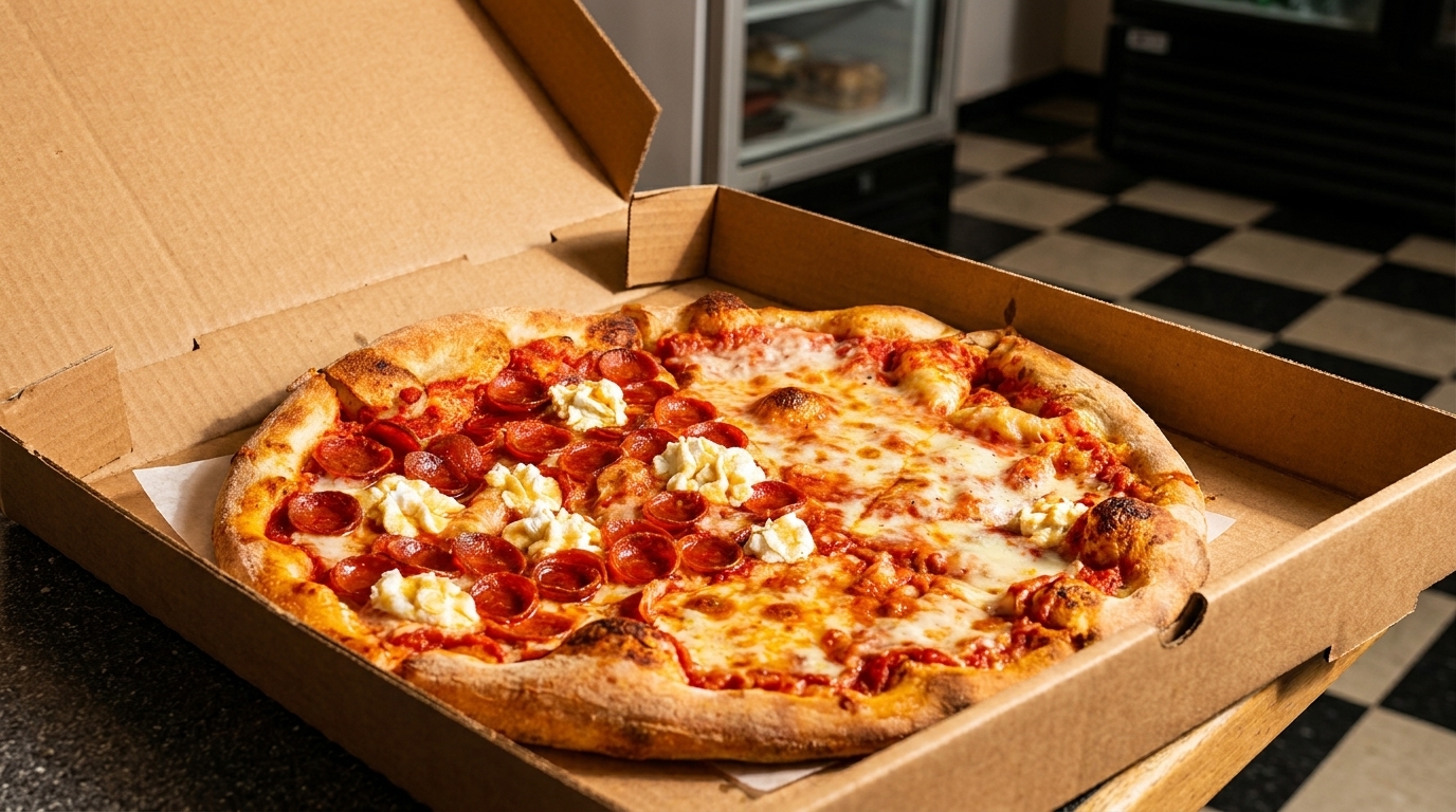 A pepperoni and cheese pizza with dollops of ricotta cheese in an open cardboard box.