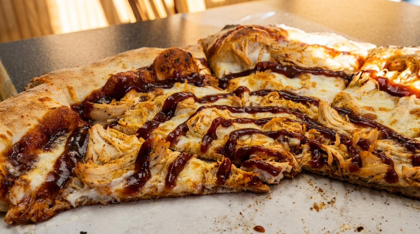 Close-up of a BBQ chicken pizza with melted cheese and rich sauce on a light surface.