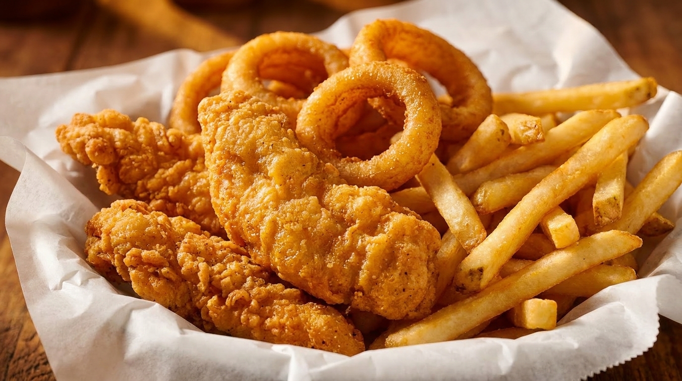 Crispy fried chicken tenders, golden onion rings, and french fries in a white paper-lined basket.