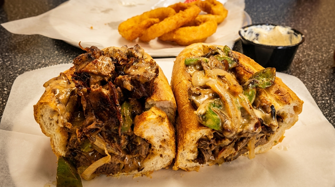 A large cheesesteak sandwich, cut in half, with onions, peppers, and mushrooms, served with onion rings.