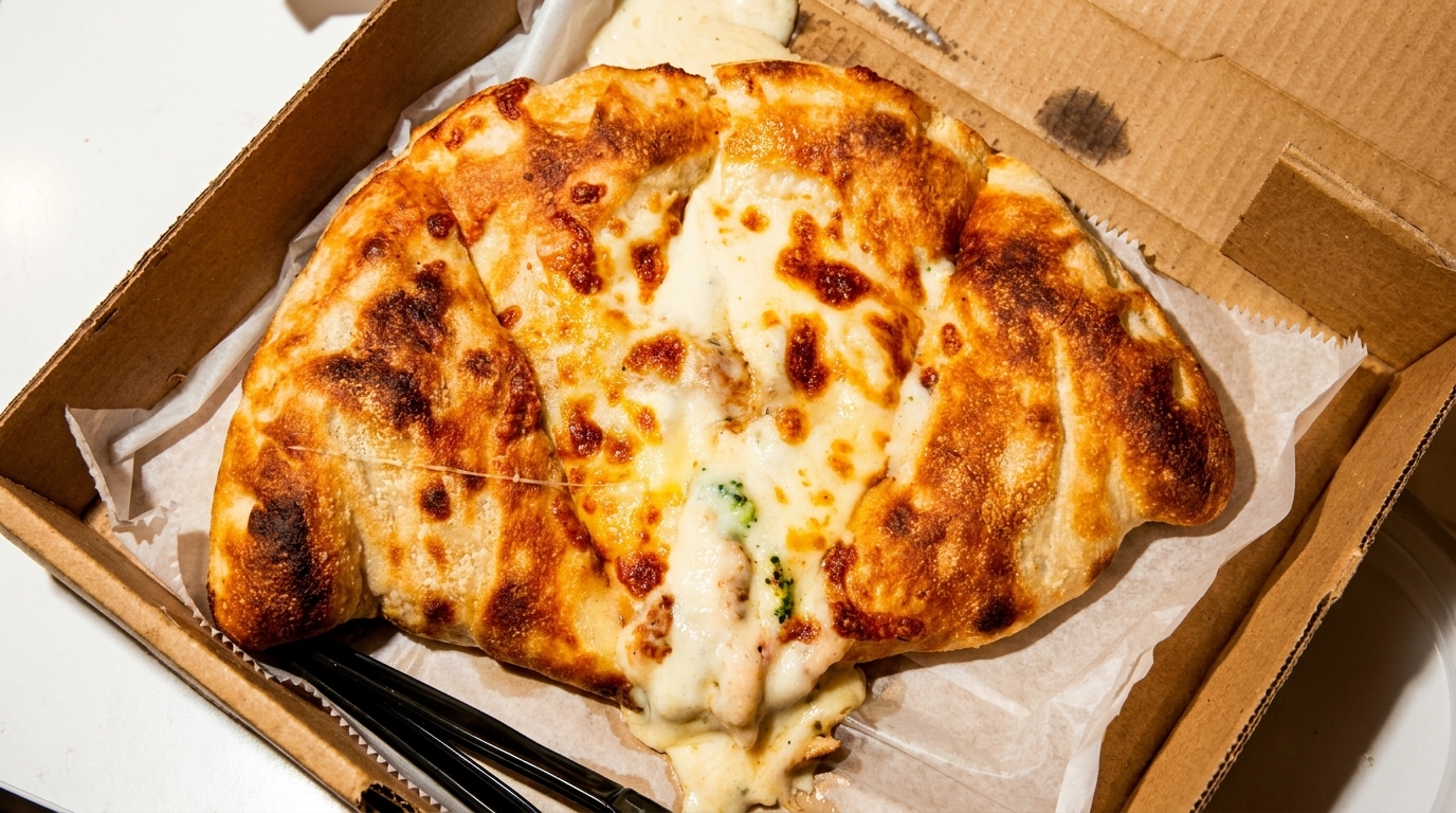 A golden-brown calzone, filled with melted cheese and broccoli, sits in a cardboard takeout box.