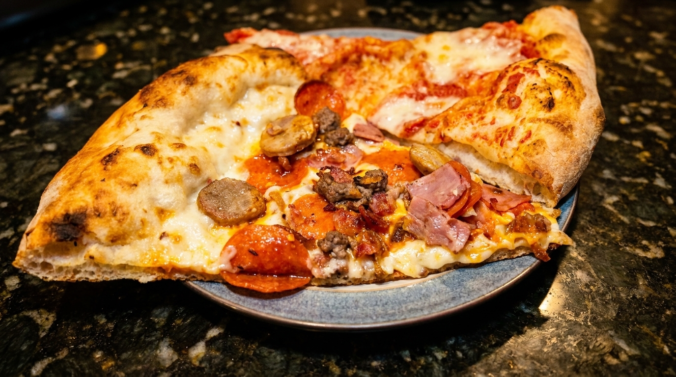 Three slices of pizza on a blue plate, one cheese, two with various meat toppings.