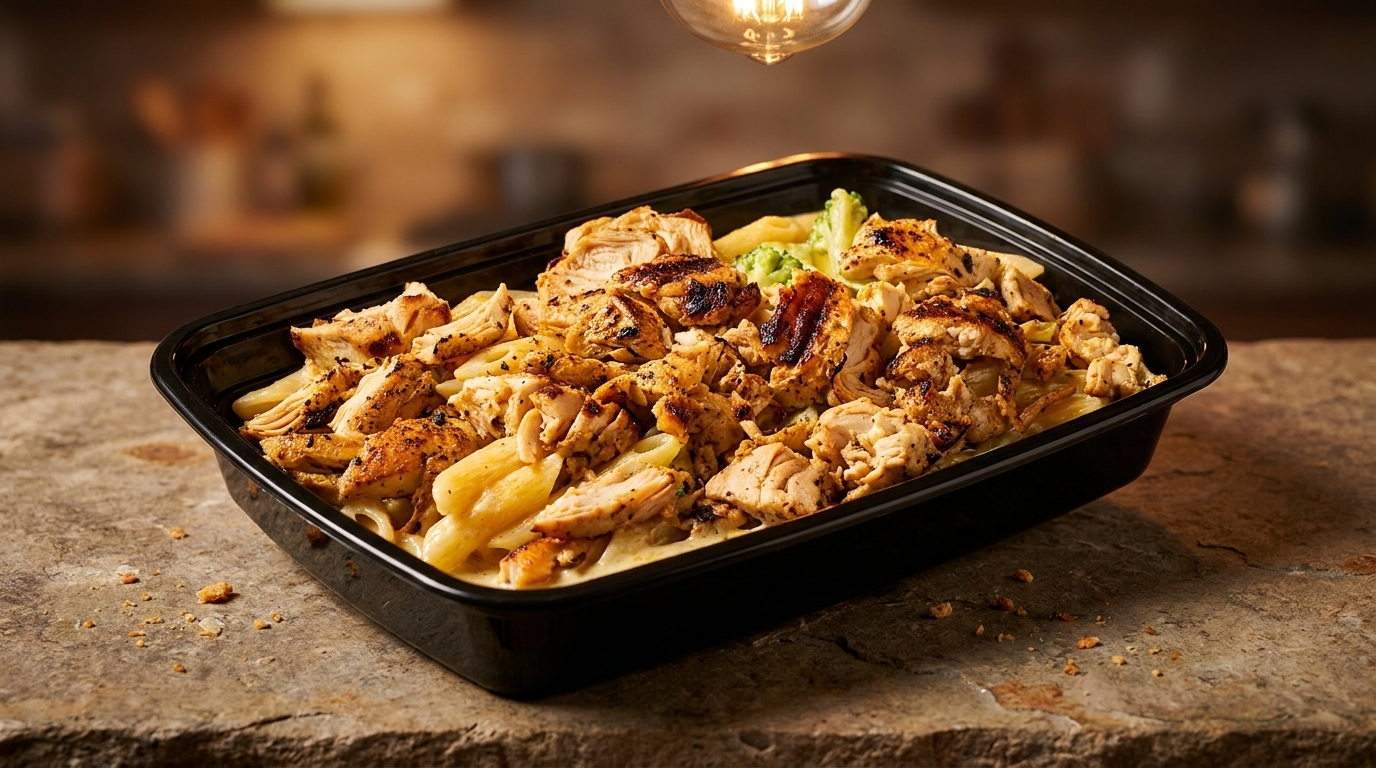 Black container filled with grilled chicken, penne pasta, and broccoli on a stone surface.