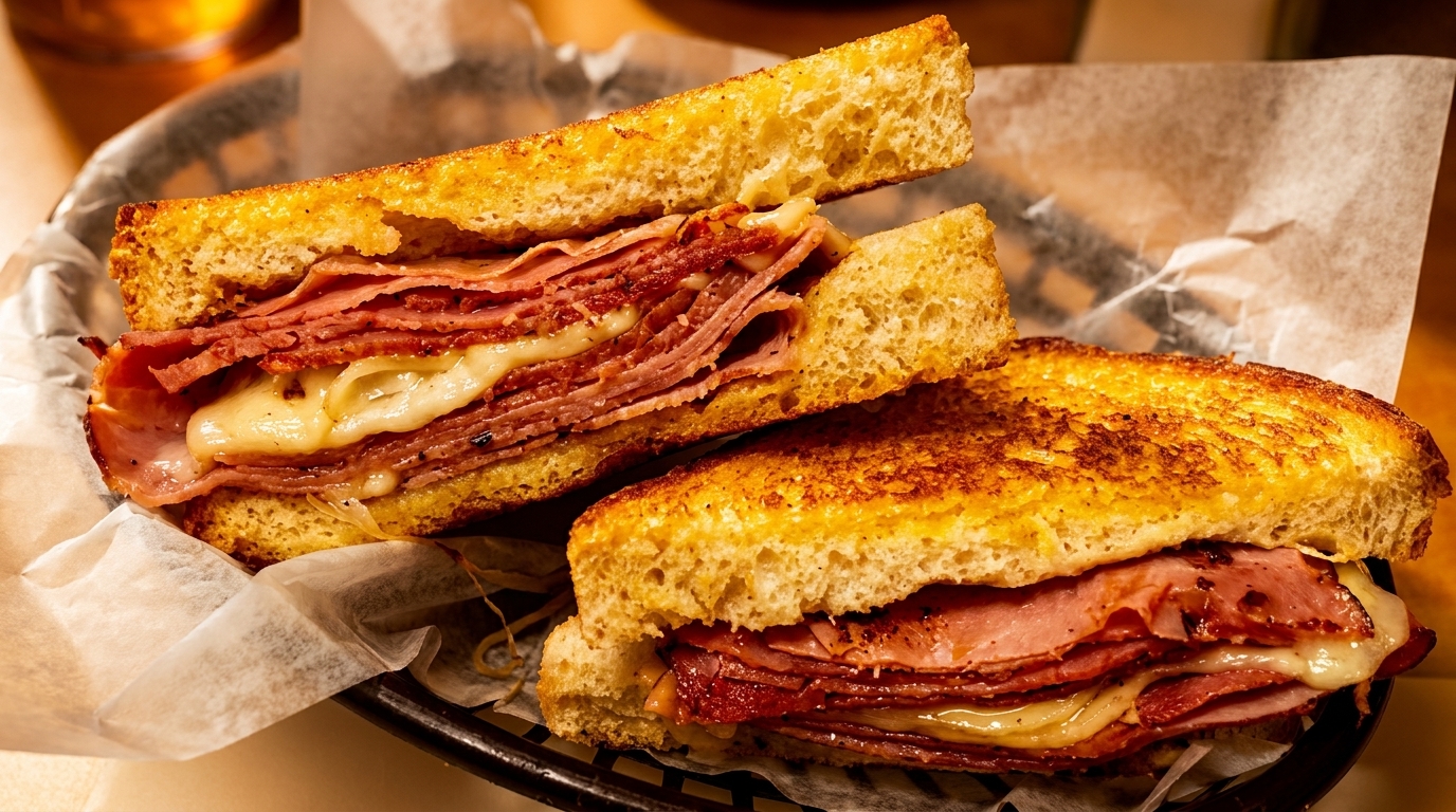 Two halves of a grilled sandwich with melted cheese and deli meat in a basket.