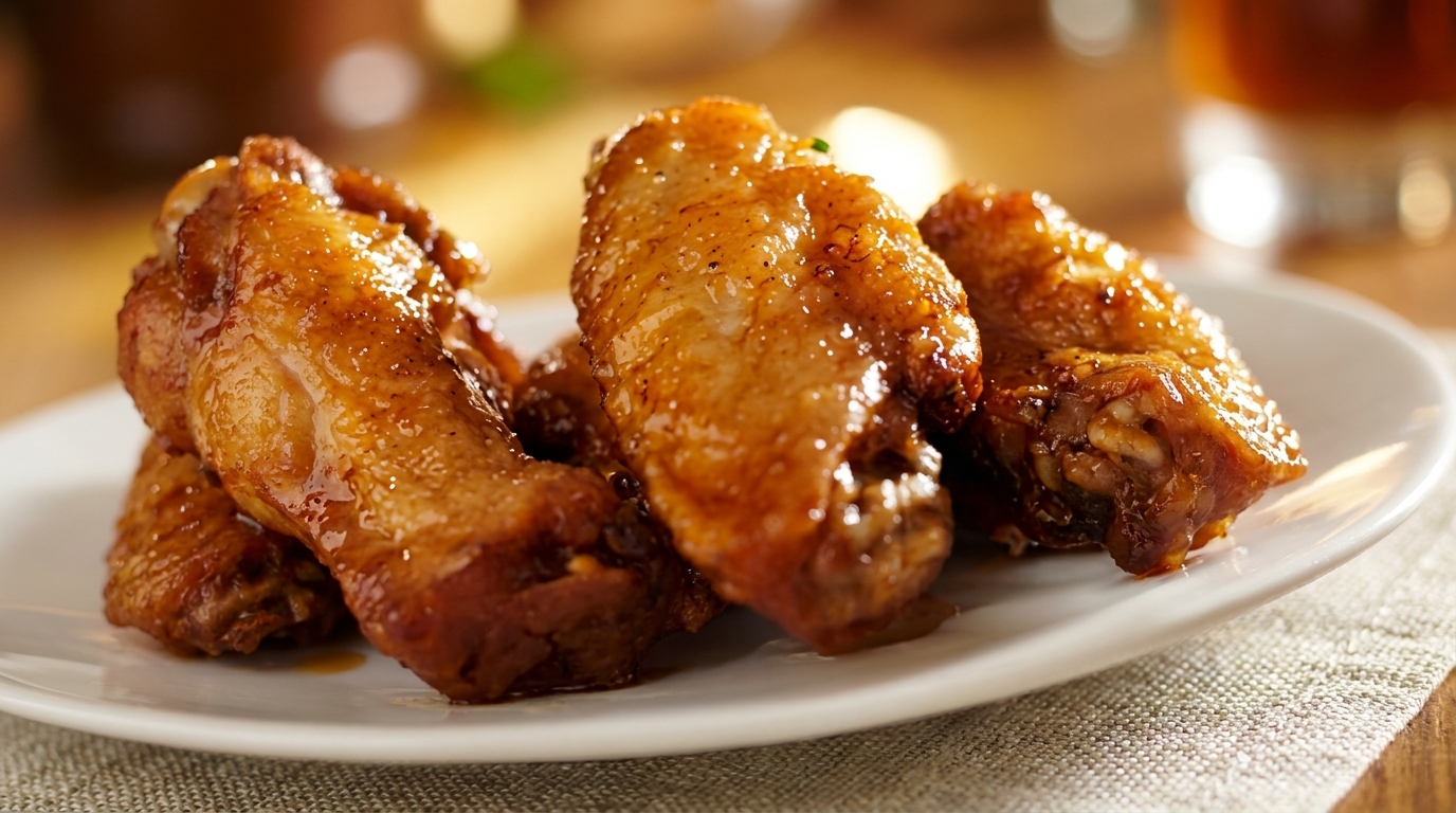 Close-up of several glistening, golden-brown chicken wings on a white plate with a drink in the background.
