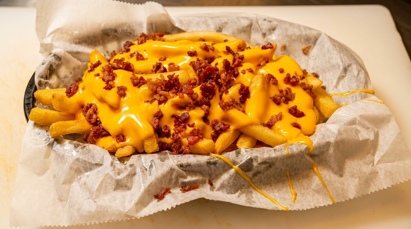 Golden french fries generously topped with melted cheese and crispy bacon bits in a paper-lined basket.