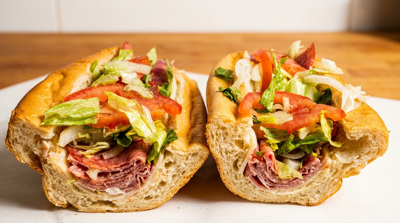 Two halves of a deli sub sandwich filled with meats, cheese, lettuce, tomatoes, and onions.