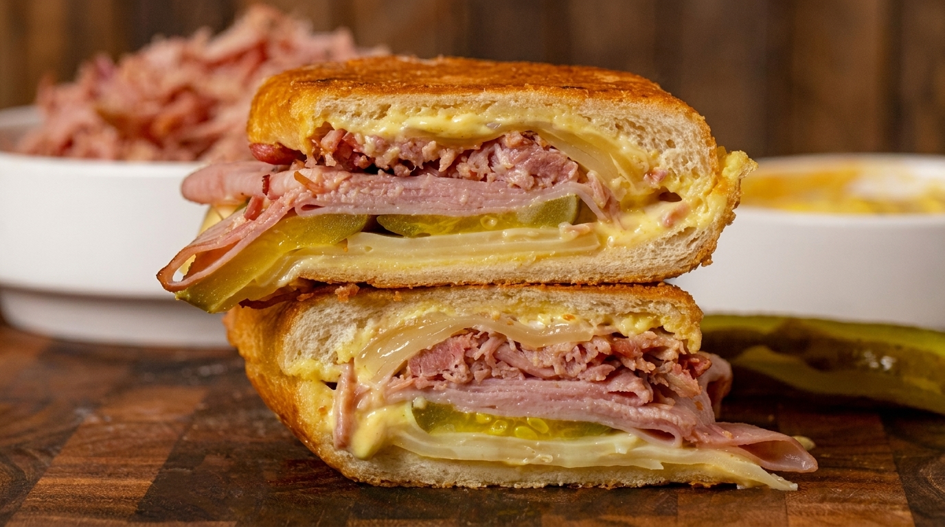A Cuban sandwich, cut in half, revealing layers of ham, cheese, pickles, and mustard.