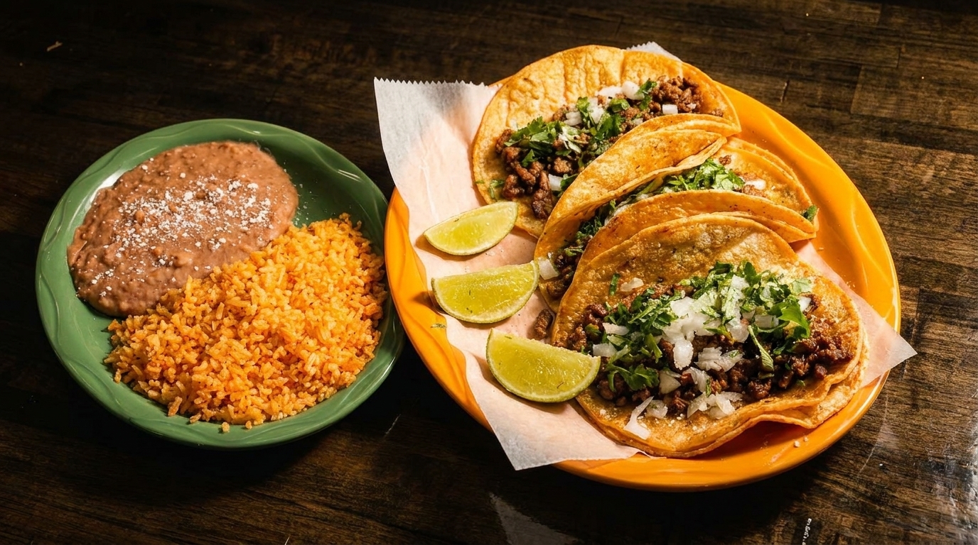 Four street tacos with cilantro and onions, served with rice, beans, and lime wedges.