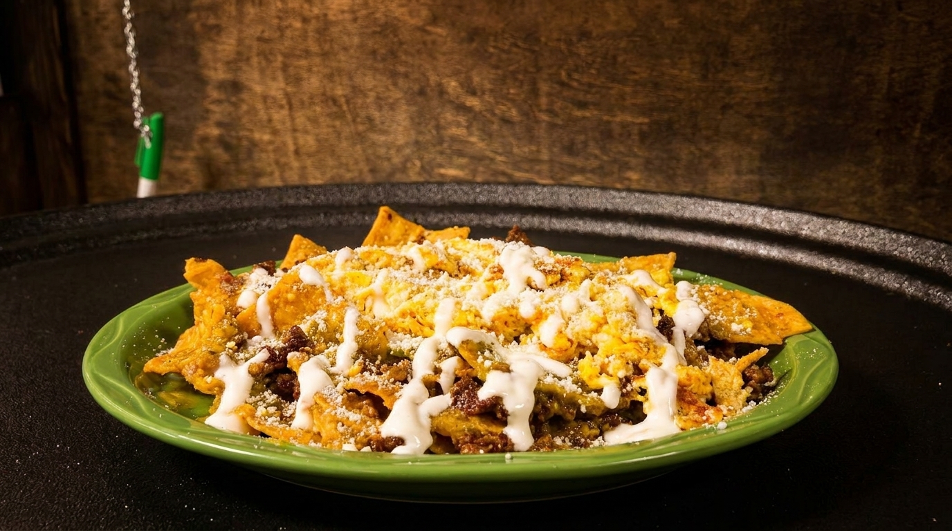 A green plate of loaded nachos with meat, cheese, and white sauce on a dark tray.