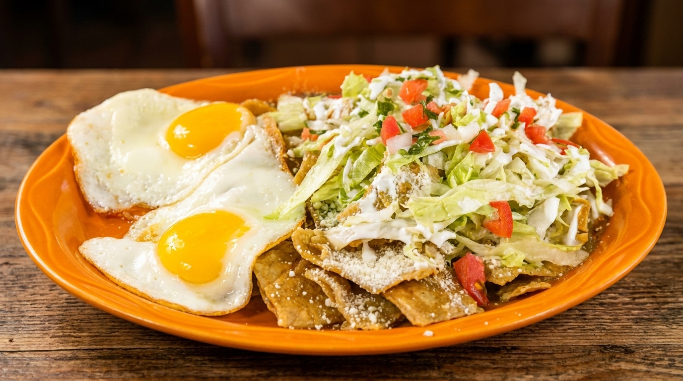 An orange plate holds two fried eggs and chilaquiles topped with lettuce, tomatoes, and sour cream.