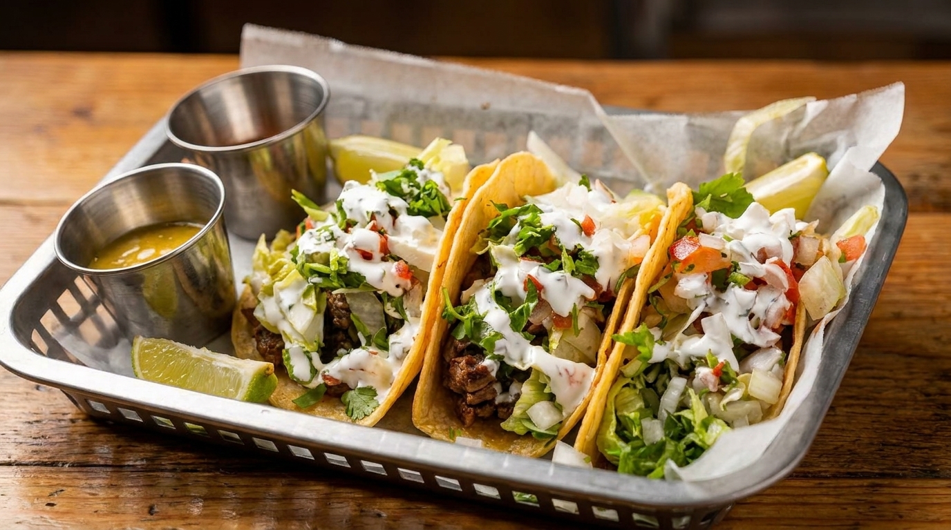 Three beef tacos with lettuce, pico de gallo, and sour cream, served with lime and sauces.