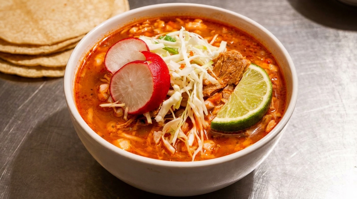A bowl of pozole with radishes, shredded cabbage, lime, and meat, with tortillas in the background.