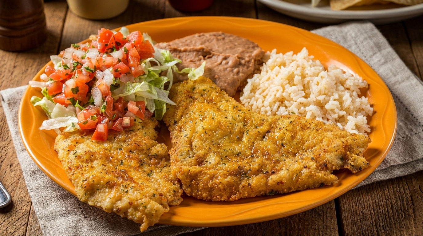 Golden fried fish fillets with rice, refried beans, and a fresh salad on an orange plate.