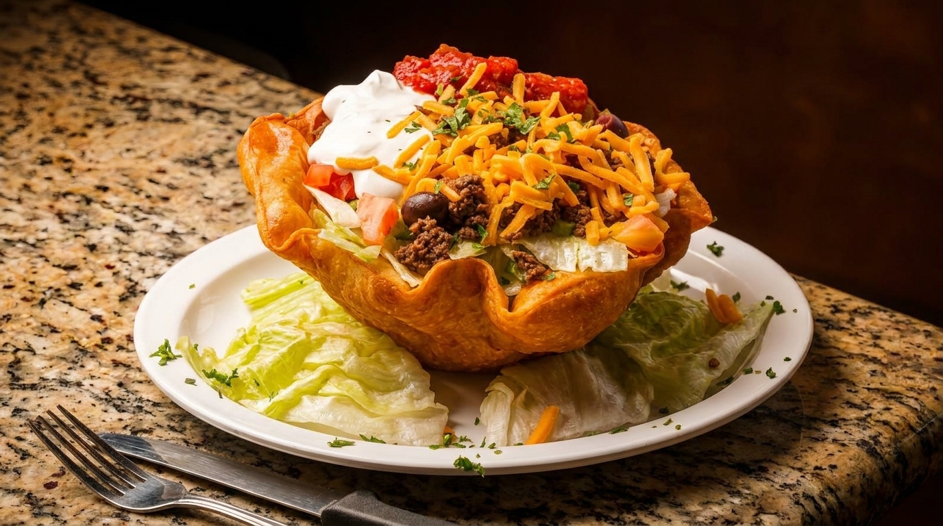 A taco salad in a crispy tortilla bowl, topped with ground beef, cheese, sour cream, and salsa.