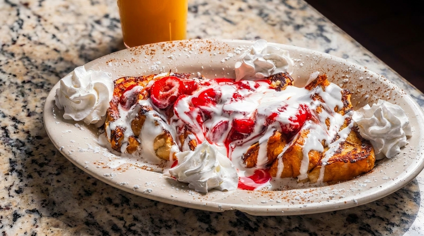 French toast topped with strawberries, whipped cream, and powdered sugar, with orange juice.