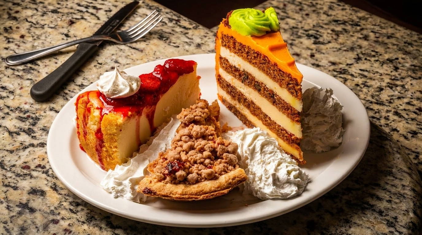 A dessert platter with cheesecake, apple crumble pie, and carrot cake slices with whipped cream.
