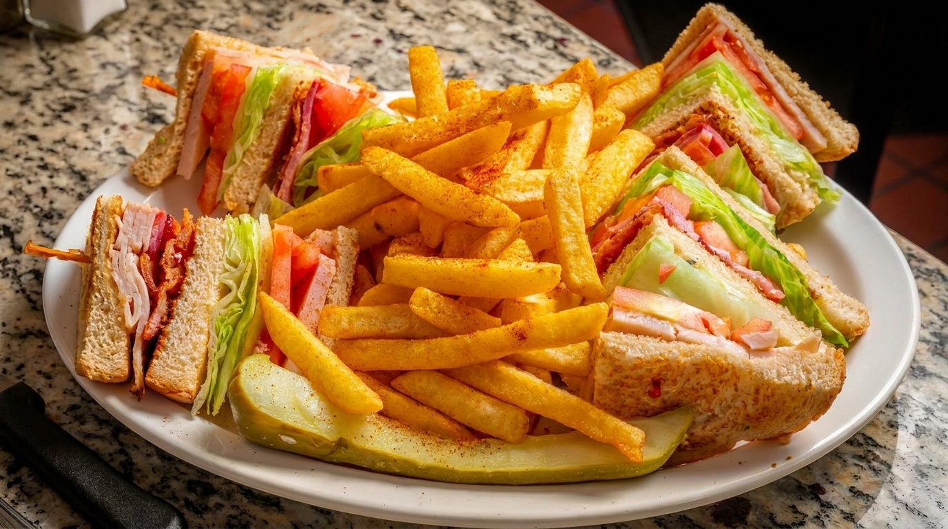 A club sandwich cut into quarters with a side of french fries and a pickle spear.