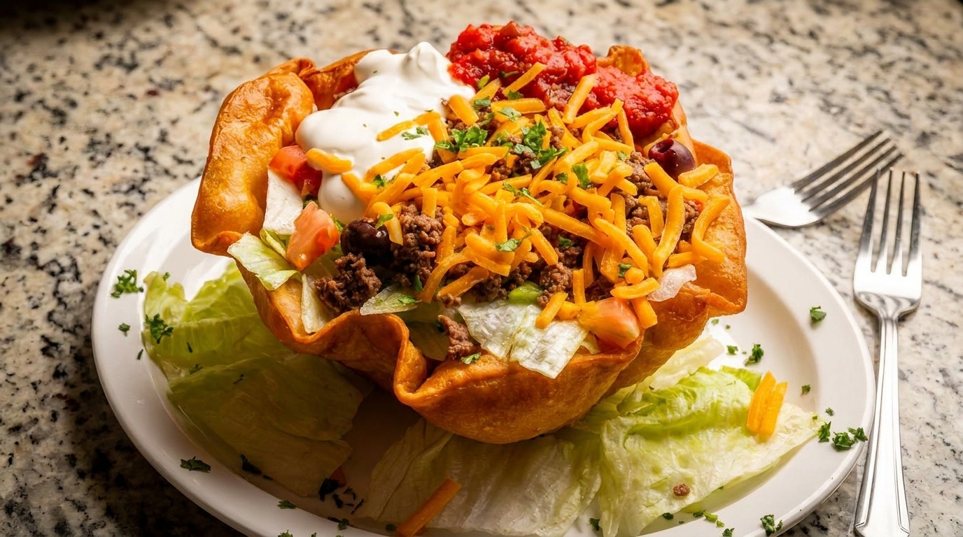 A taco salad in a crispy fried tortilla bowl, topped with ground beef, cheese, sour cream, and salsa.